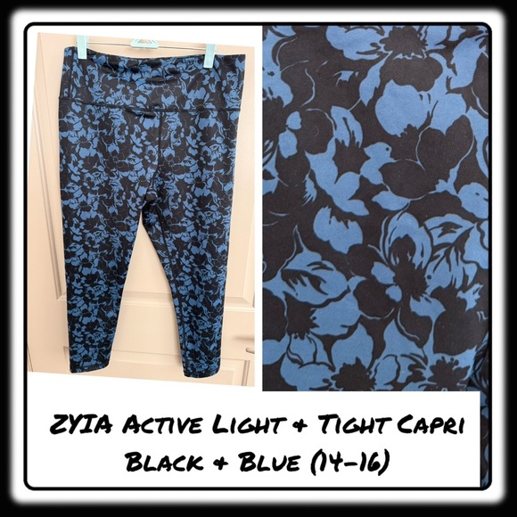 ZYIA black + blue “Light & Tight” high waist leggings Size 14-16. Capri (23-25”) - Picture 1 of 8